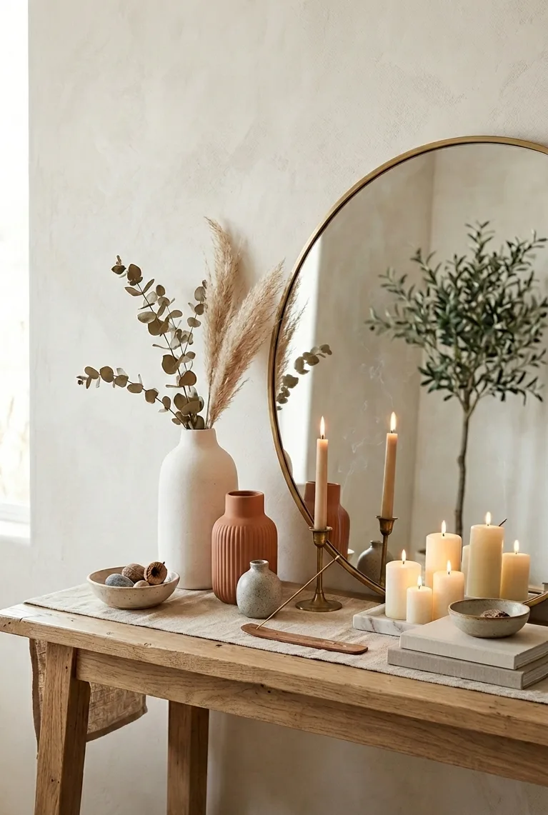 Warm, minimalist living room with vases and soft textures